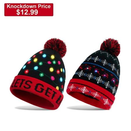 Photo 1 of  JOYIN 2 Pack LED Light-up Christmas Hat Unisex Knitted Beanie Ugly Holiday Xmas Beanie Hat Knit Cap for Party (Battery Included with 3 Flashing Modes) 