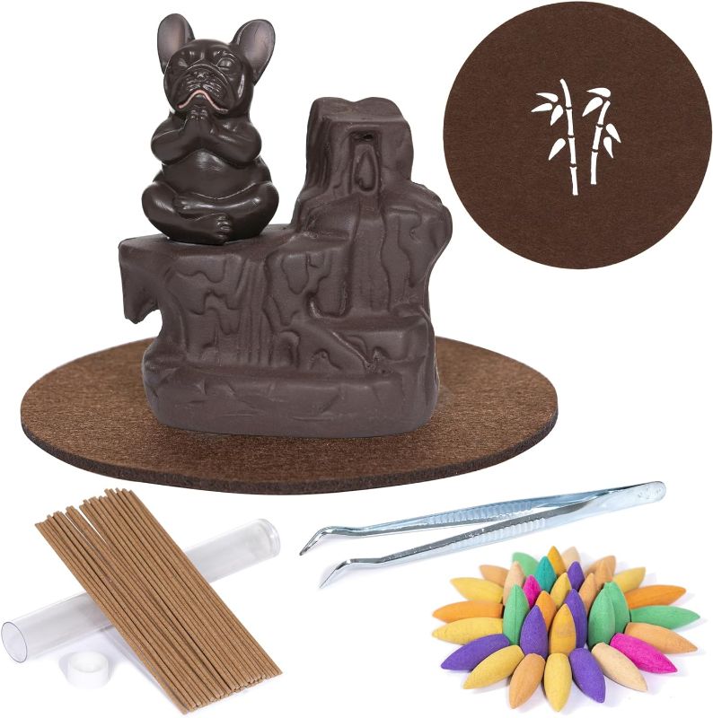 Photo 1 of  Cute Dog Incense Holder with 25 Incense Cones, 25 Incense Sticks, Metal Tweezers, and Mat, Ceramic Handmade Waterfall Backflow, Adorable Home Decoration, Aromatherapy for Meditation and Mindfulness 