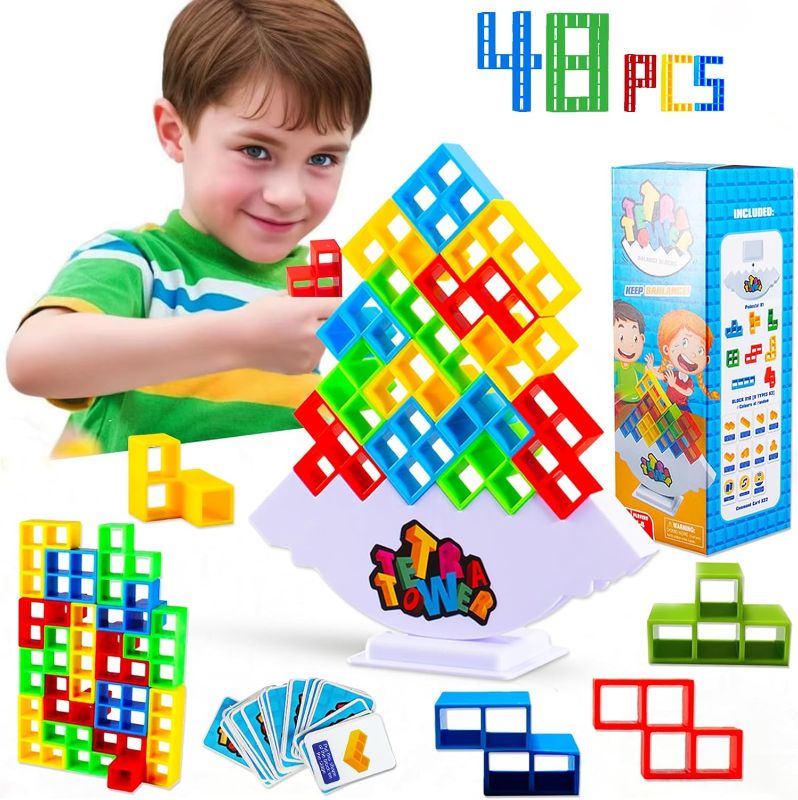 Photo 1 of  48 PCS Tetra Tower Game for Adult & Kids, Stack Attack Game for Family Travel Party- 2+Players Tetris Stacking Game, 3D Balance Game 