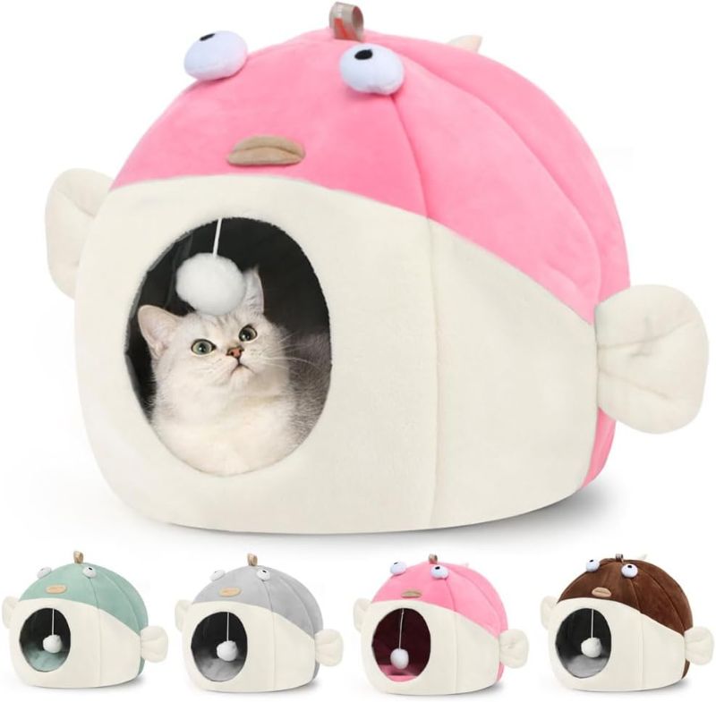 Photo 1 of  Vanansa Cat Bed for Indoor Cats, Large Covered Cat Bed with Anti-scratch Lining, Ultra Soft Cat Hideaway, Warm Cute Cat House with Hanging Toy, Pet Bed for Large Cats, Puppy Dog 9-13LB (L, 18" x 15") 