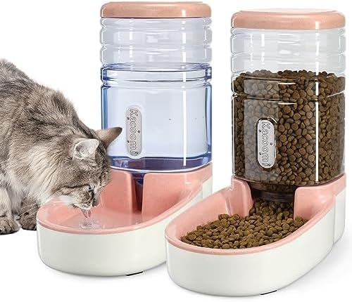 Photo 1 of  Automatic Dog Cat Feeder and Water Dispenser Gravity Food Feeder and Waterer Set with Pet Food Bowl for Small Medium Dog Puppy Kitten, Large Capacity 1 Gallon x 2(Pink) 