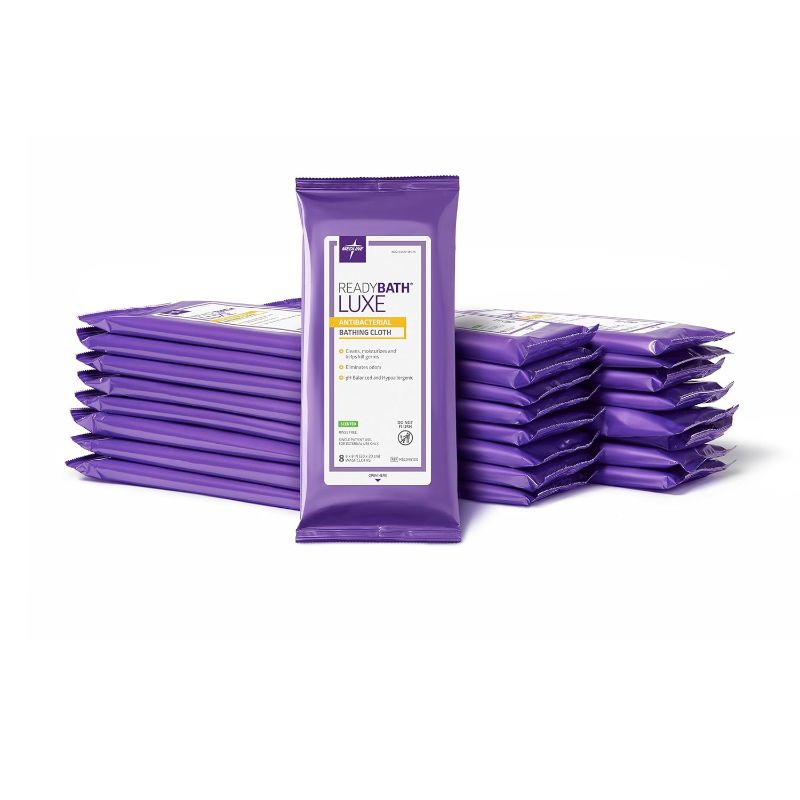 Photo 1 of  Medline ReadyBath LUXE Antibacterial Extra Thick Adult Bath Wipes, 192 Wipes (8 Wipes, 24 Packs), Scented, No Rinse Formula with Aloe, Sensitive Skin, Hypoallergenic, Alcohol-Free, 8 x 8 Inch 