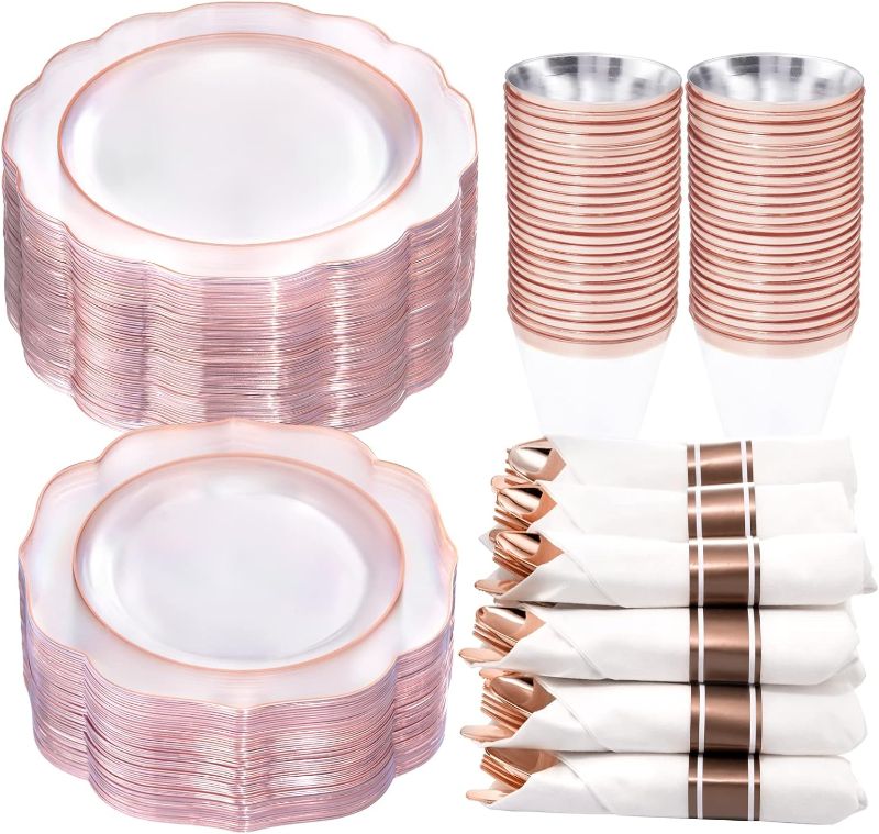 Photo 1 of  NOCCUR 350pcs Rose Gold Plates - Disposable Pre Rolled Napkin and Rose Gold Plastic Silverware - Clear Rose Gold Rim Plastic Dinnerware for Wedding&Party 