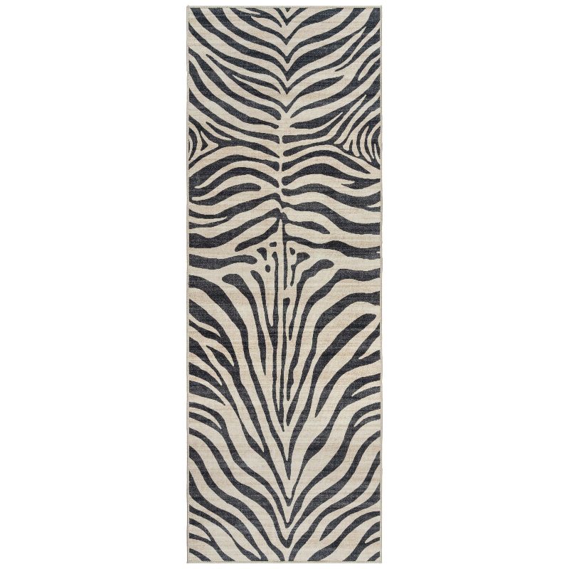 Photo 1 of  Crystal Print Zebra Washable Modern Striped Black White Rectangular Indoor Area Rug by Gertmenian 2x6 Runner 