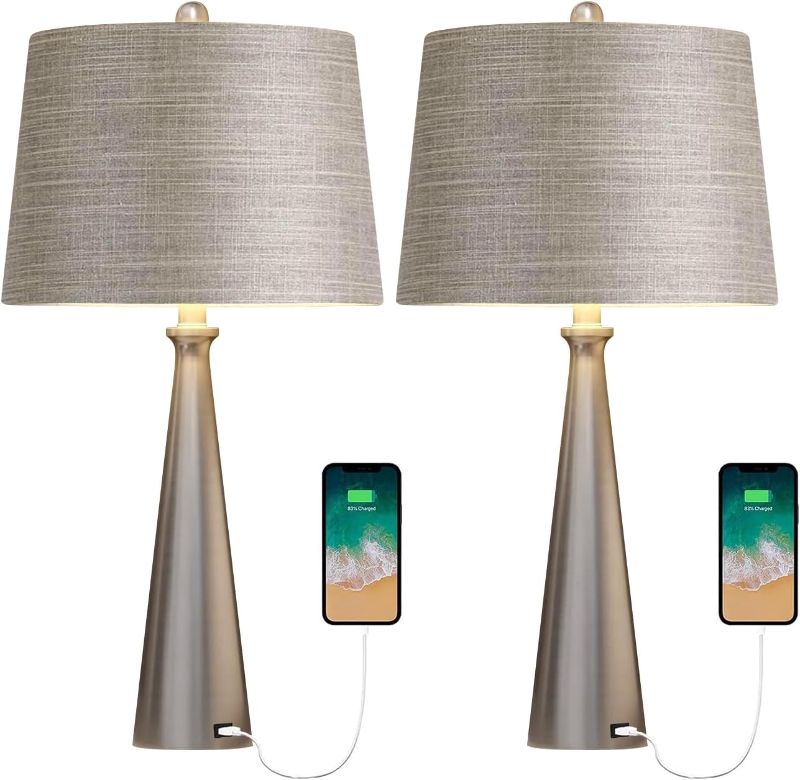 Photo 1 of  Oneach 25.75" Modern USB Table Lamp Set of 2 for Living Room Bedroom Bedside Nightstand Lamps Fabric Shade Accent Light Silver 