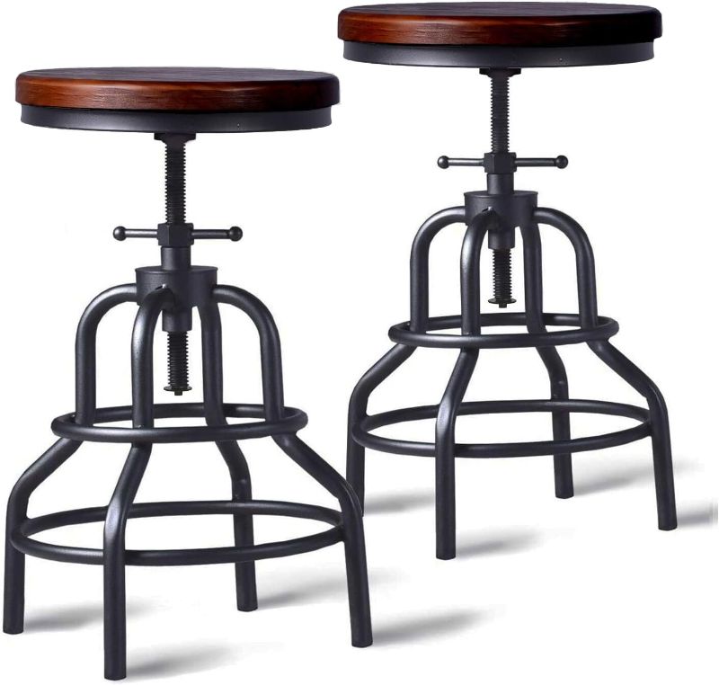 Photo 1 of  LOKKHAN Vintage Industrial Bar Stool-Rustic Swivel Bar Stool-Round Wood Metal Stool-Kitchen Counter Height Adjustable Pipe Stool-Cast Steel Stool 20-27 Inch (Set of 2) 