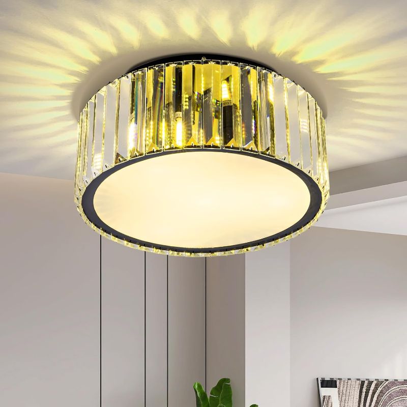 Photo 1 of  4 Lights Modern Crystal Flush Mount Ceiling Light Fixture H 5.9'' x W 12.2'' Close to Ceiling Lighting for Hallway Bathroom Closet Bedroom Kitchen Entryway Laundry Room Round G9 Socket Black 