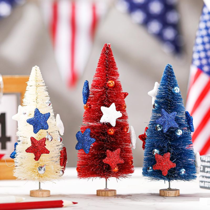 Photo 1 of 4th of July Table Decor Patriotic Tree Centerpieces with Red White Blue Star for Tiered Tray Decor Memorial Day Table Signs for Independence Day Home Indoor Desk Decor