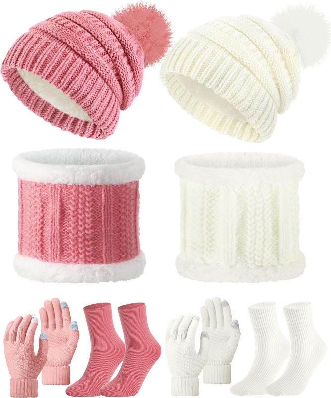 Photo 1 of 8 Pcs Winter Fleece Lined Beanie Hat Scarf Sock Skiing Warm Set Touchscreen Gloves Knitted Pom Hat Scarf for Women Men
