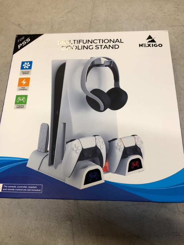 Photo 1 of NexiGo PS5 Accessories Cooling Stand with LED Lighting Fans and Dual Controller Charger Station for Playstation 5 Console, Upgraded Multifunctional Stand with Charging Dock, 10 Game Slots, White