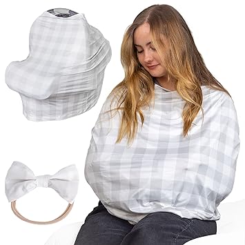 Photo 1 of Baby Nursing Cover- Versatile Breastfeeding Cover- Baby Car Seat Cover- Stroller Cover- Soft & Breathable Breastfeeding Essentials- 360° Full Privacy Nursing Cover by Samora (Grey/White Plaid)
