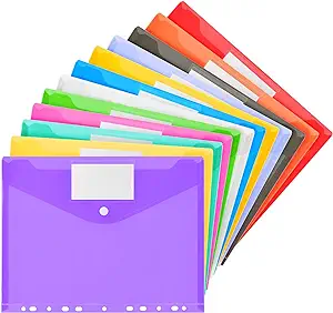 Photo 1 of 12 Pack Plastic Envelopes Binder Pocket 11 Holes Expandable Binder Folders for 2/3/4 Ring Document Pouch, Snap Button and Lable Poly Envelopes for School, Home and Office, 12 Assorted Color
