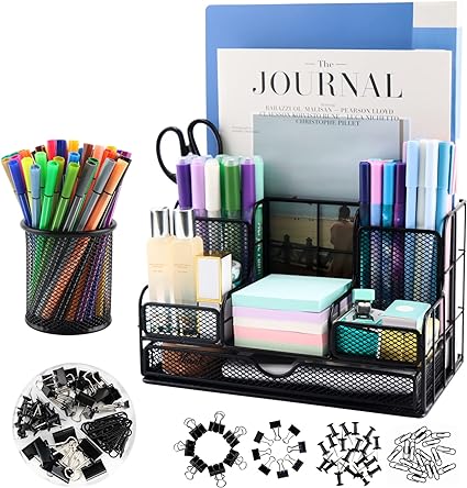 Photo 1 of Desk Organizers Caddy and Accessories with 7 Compartments + Pen Holder / 72 Clips Set, Drawer, Black Mesh Office Supplies Desktop Organizer for Home, Office Ect
