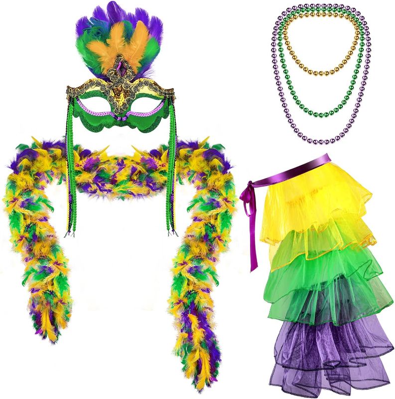 Photo 1 of 4 Pcs Mardi Gras Outfit for Women Includes Layered Short Tutu Skirts Colorful Round Bead Necklaces Long Feather Boa Mask with Feathers for Party Costume Festival Decorations
