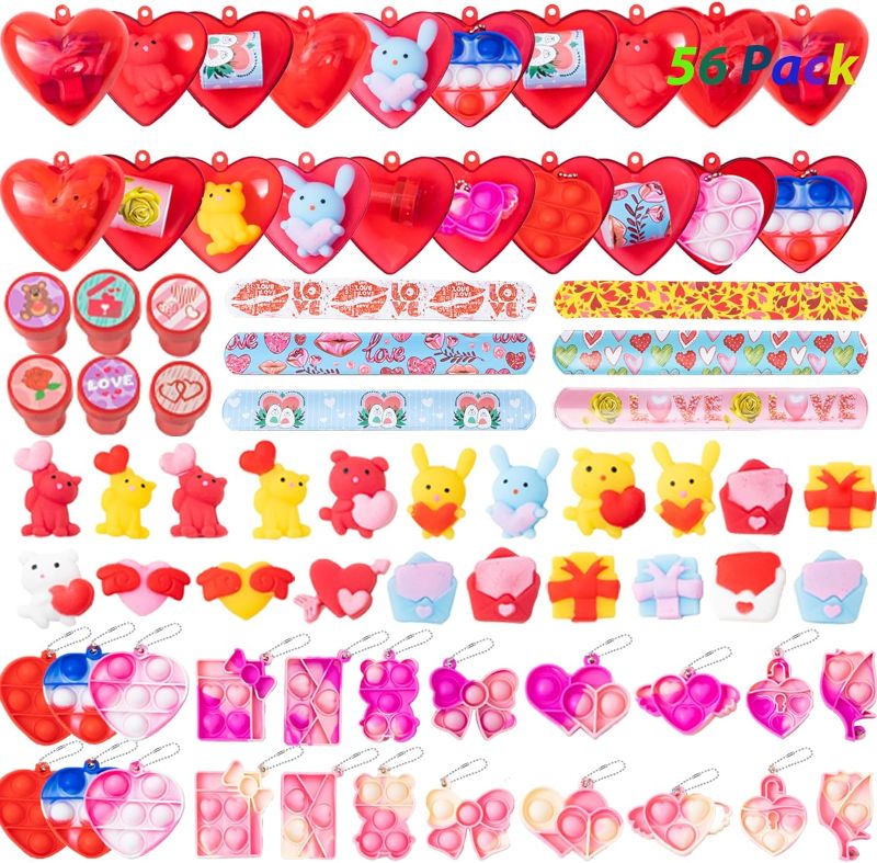 Photo 1 of 56 Pack Valentines Day Gifts with Cards for Kids,Mochi Squishy,Pop Keychain,Stamp,Clap Wristband,Valentine Basket Stuffers Kids Fidget Party Favors Classroom School Prizes Exchange Valentines Gifts
