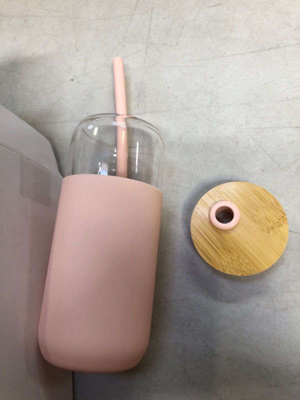 Photo 2 of 20oz Glass Water Tumbler with Silicone Protective Sleeve - Beer Can Shaped Glass Cups with Straw and Bamboo Lid, Iced Coffee Glasses, Cute Drinking Glasses for, Water Smoothie, Boba Tea, Gift - Pink Pink 1