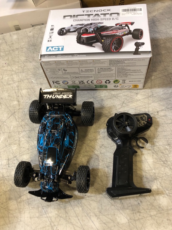 Photo 2 of Tecnock RC Racing Car, 2.4Ghz High Speed Remote Control Car, 1:18 2WD Toy Cars Buggy for Boys & Girls with Two Rechargeable Batteries for Car, Gift for Kids(Blue&Light)