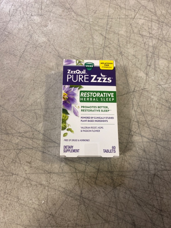 Photo 2 of ZzzQuil PURE Zzzs Restorative Herbal Sleep, Tablets, Free of Drugs and Hormones, Melatonin-Free Formula, Valerian Root, Hops, Passion Flower, Sleep Aids for Adults, 60 Count exp dec 2023
