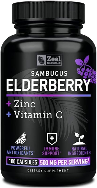 Photo 1 of Zeal Naturals Max Strength Elderberry Capsules + Zinc + Vitamin C | 500mg for Immune System Support with Black Sambucus Elderberry | 100 Count | 3-in-1 Immune Support for Adults
EXP 3/2024