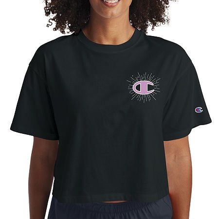 Photo 1 of Champion Womens Black Stretch Logo Graphic Short Sleeve Crew Neck Active Wear T-Shirt 
SIZE LARGE 
