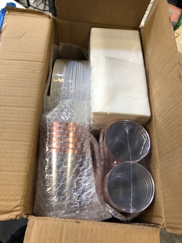 Photo 2 of 350 Piece Rose Gold Dinnerware Set 50 Guest-100 Rose Gold Lace Plastic Plates-50 Rose Gold Plastic Silverware-50 Plastic Cups-50 Linen Like Paper Napkins,FOCUSLINE Disposable Dinnerware Set