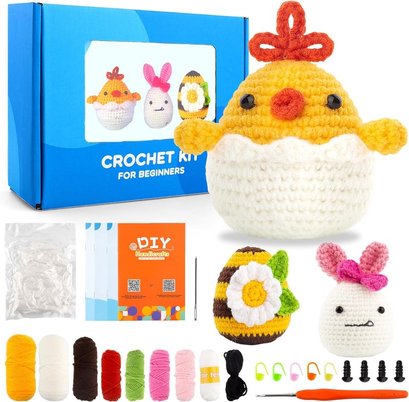 Photo 1 of COWVTUJ 3 PCS Crochet Kit for Beginners, Cute Animal Crochet Starter Kit with Step-by-Step Video Tutorials & Manual, DIY Egg Knitting Kit for Adult Kids to Learn, Christmas Birthday Holiday Gifts

