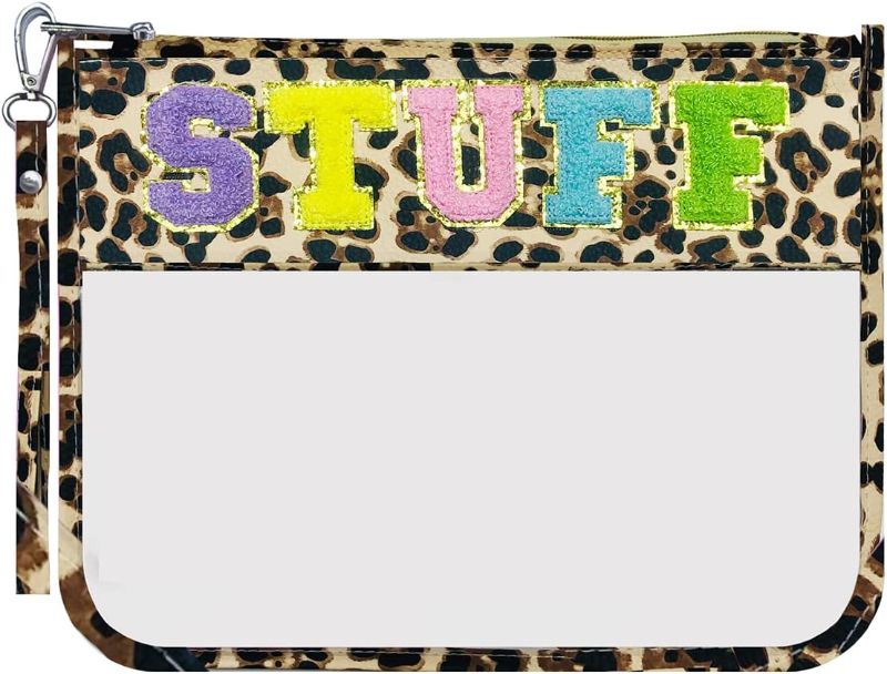Photo 1 of AOZHUO Leopard Print Stuff Bag Sunscreen Bag Preppy Monogram Chenille Letter Bag Clear Pouches with Zipper Travel Stuff Clear Makeup Bag Preppy Beach Stuff Pouches for Organization
