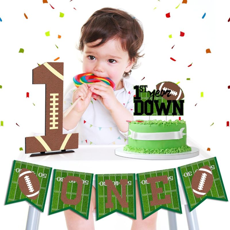 Photo 1 of Football Party Decorations Football ONE Banner Football Table Centerpieces 1st Year Down Birthday Cake Topper Decor for Football Party Decorations Supplies
