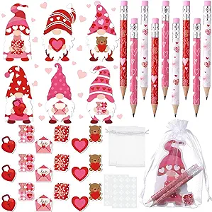 Photo 1 of 120 Pcs Valentine Party Favors Bulk Includes 30 Pcs Gnome Thank You Cards 30 Pcs Valentine Themed Erasers 30 Pcs Valentine Party Pencils 30 Pcs Organza Bags for Valentine Gift
