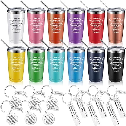 Photo 1 of 12 Pcs Appreciation Gifts Set 20oz Wine Tumbler with Lid Employee Stainless Steel Tumbler Inspirational Keychain Thank You Gifts for Women Men Colleague Coworker Teacher Nurse (Bright Color)
