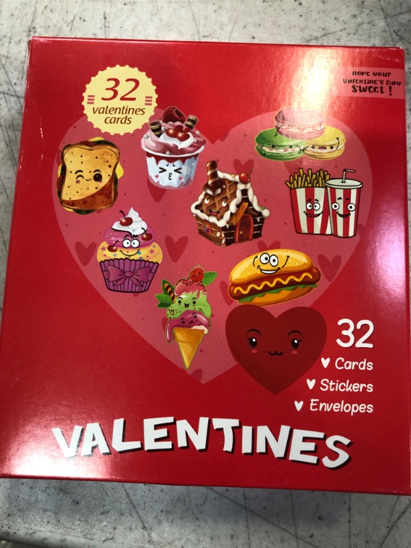 Photo 2 of 96Pcs Valentines Day Cards Set for Kids Classroom Exchange Includes 32 Pink Envelopes and 32 Stickers, Cards Feature Snack-Themed Graphics of French Fries, Hot Dogs, Ice Cream, Macaroons