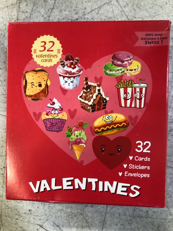 Photo 2 of 96Pcs Valentines Day Cards Set for Kids Classroom Exchange Includes 32 Pink Envelopes and 32 Stickers, Cards Feature Snack-Themed Graphics of French Fries, Hot Dogs, Ice Cream, Macaroons