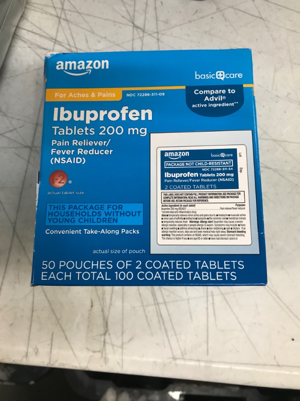 Photo 2 of Amazon Basic Care Ibuprofen Tablets, 200 mg, Pain Reliever and Fever Reducer, For Headache, Muscular Aches, Arthritis, Backache and More, 100 Count (Pack of 1) 100 Count (Pack of 1) Individual Pouches