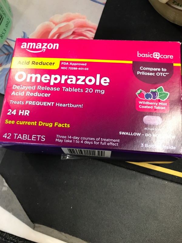 Photo 2 of Amazon Basic Care Omeprazole Delayed Release Tablets 20 mg, Acid Reducer, Wildberry Mint Coated Tablet, 42 Count