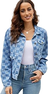 Photo 1 of COZYPOIN Women's Plaid Print Denim Jacket Lapel Long Sleeve Button Down Jean Biker Tops Coat https://a.co/d/4tKP7HN