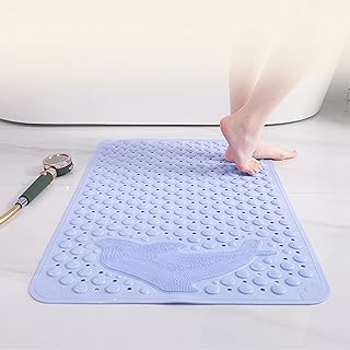 Photo 1 of Bathtub Mat Non Slip with Suction Cups in Bathroom, Washable Shower Mats with Drainage Holes for Tub, Foot Massage (28x14in Blue) 