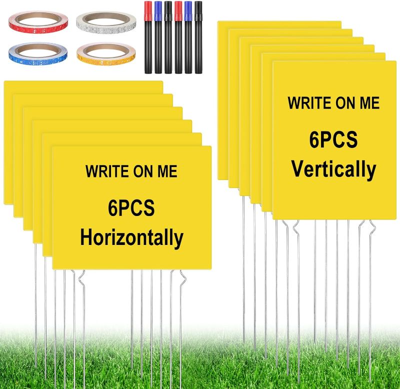 Photo 1 of 12 Pcs Blank Yard Signs with Stakes 16.5 x 13 Inch Lawn Signs Corrugated Plastic Outdoor Sign Double Sided with 6 Markers and 4 Rolls Reflective Tapes for Garage Sale, Yard Sale (Yellow)
