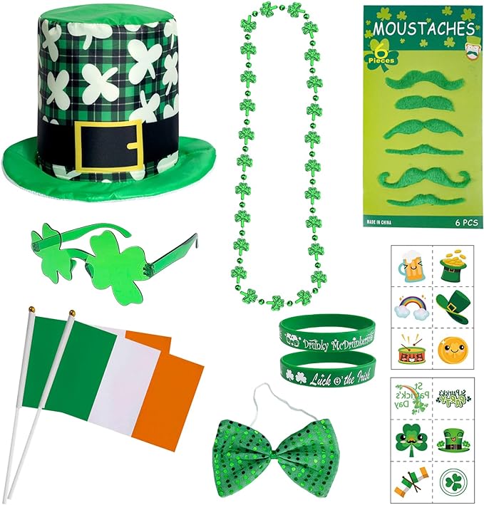 Photo 1 of 26 Pcs St Patricks Day Costume Accessories Set - Leprechaun Costume Accessories Set - St Patrick's Day Top Hat Set

