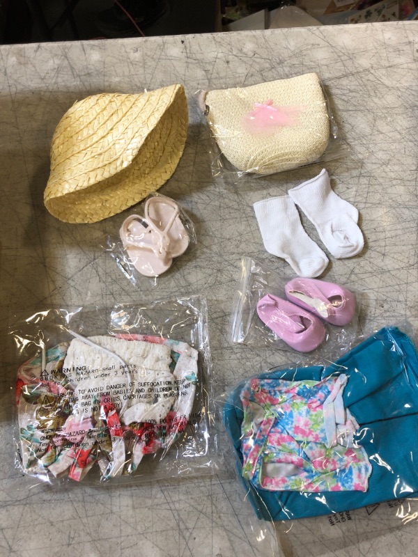 Photo 2 of 10 Pieces 14-18 Inch Summer Beach Girl Doll Clothes and Accessories Include Hat floral print Tops Pants Skirt Shoes Bow Headband and Woven Bag (Not Include The Doll)
