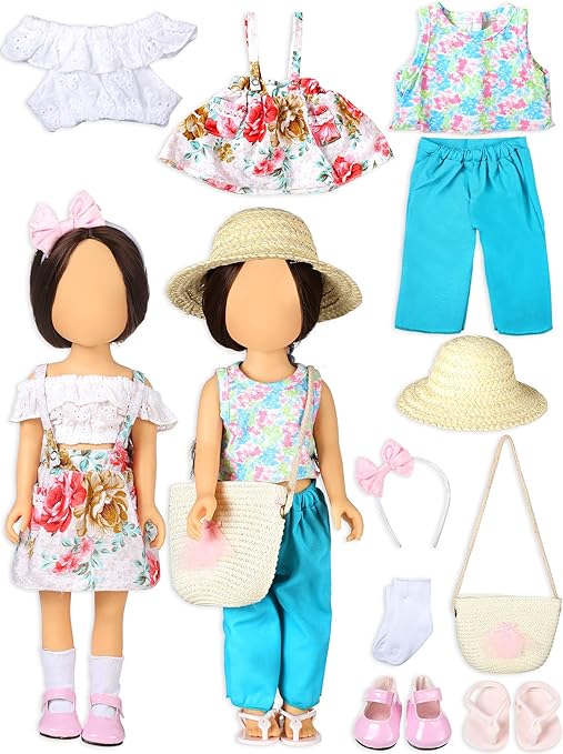 Photo 1 of 10 Pieces 14-18 Inch Summer Beach Girl Doll Clothes and Accessories Include Hat floral print Tops Pants Skirt Shoes Bow Headband and Woven Bag (Not Include The Doll)
