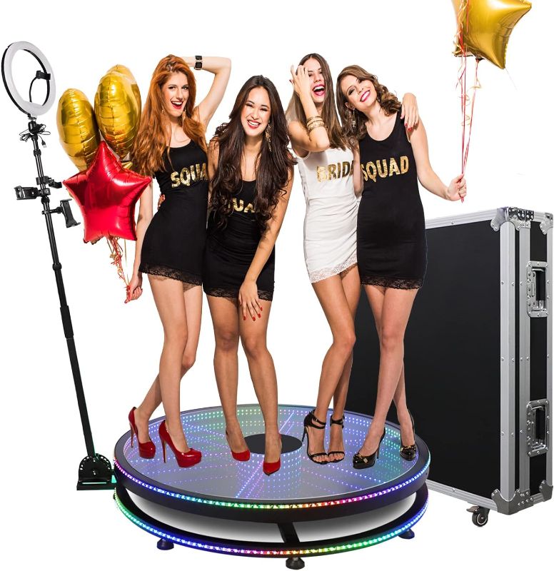 Photo 1 of 360 Photo Booth Machine Glass Bottom for Parties with RGB Lights,Software APP Remote Automatic 360 Spin Camera Booth Flight Case 39.4" 100cm for 3-5 People to Stand on
lights do not work, unable to get it to rotate, parts only/repairable.
lights do not wo
