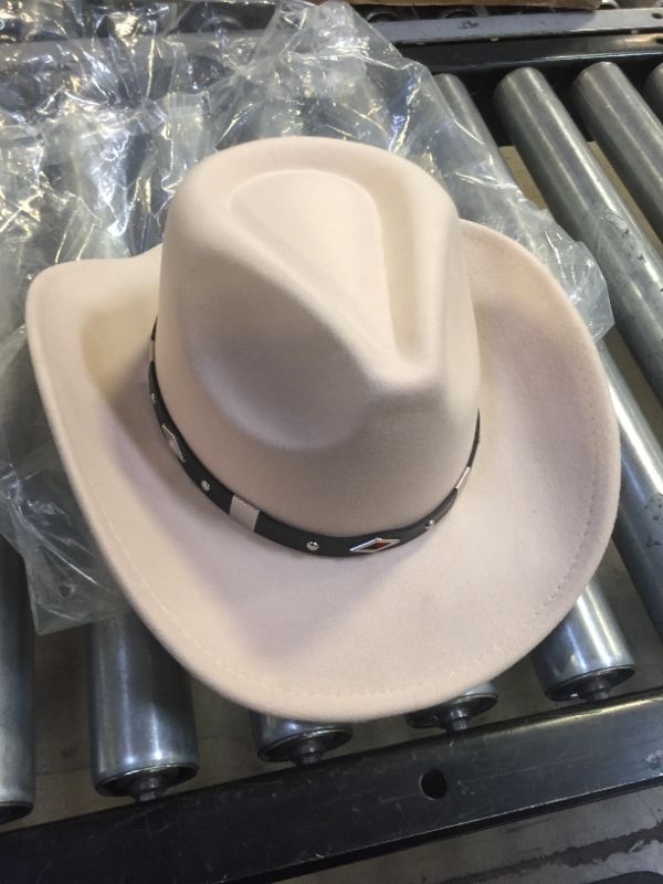 Photo 2 of Lanzom Women Men Classic Felt Wide Brim Western Cowboy Cowgirl Hat with Belt Buckle Medium-Large Beige