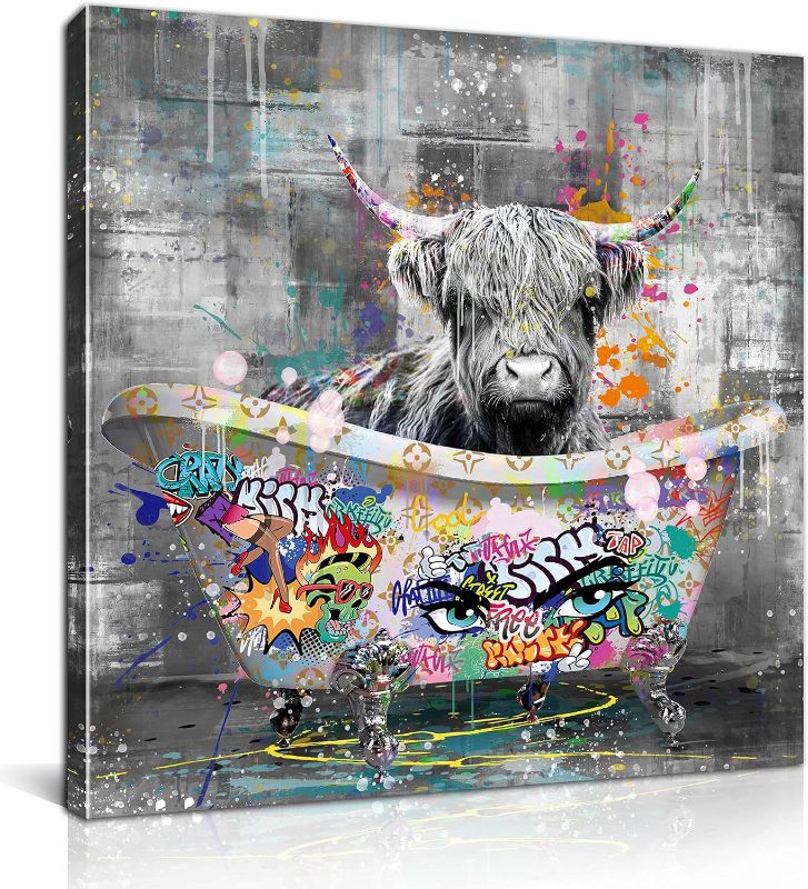 Photo 1 of Highland Cow Bathroom Wall Art Funny Graffiti Canvas Wall Art Black and White Wall Art Ready to Hang Size 14”W x 14”H
