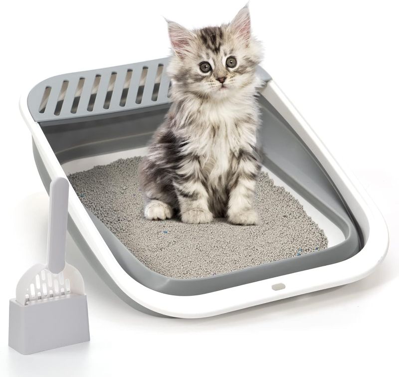 Photo 1 of Open Top Cat Litter Box, Large Foldable Cat Potty Height-Adjustable Sides Anti-Splash, Open Air Kitty Litter Pan No Smell, Cat Toilet Easy Clean with Cat Litter Scoop (Gray)
