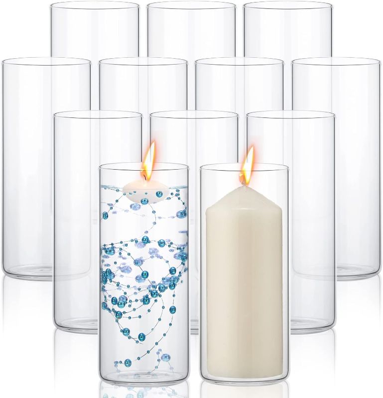 Photo 1 of 12 Pack Glass Clear Cylinder Vases Tall Floating Candle Holders Centerpiece Table Vases for Home Wedding Decorations Formal Dinners (8 x 3.35 Inch)
