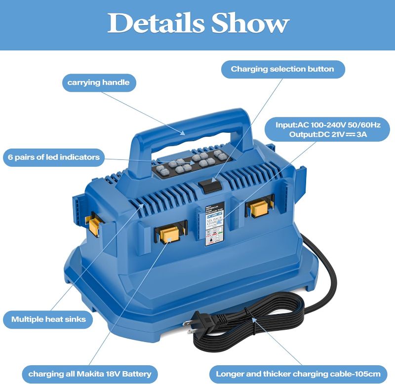 Photo 1 of 18V Rapid Battery Charger 6-Ports,for Makita 18V Charger Station DC18RC DC18RD DC18RF DC18SF,Compatible with Makita 14.4V-18V Battery BL1815 BL1820 BL1830 BL1840 BL1845 BL1850 BL1860
