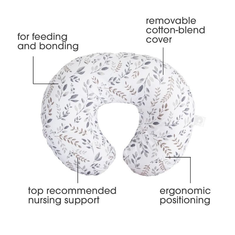 Photo 1 of Boppy Nursing Pillow Original Support, #1 Selling Nursing Pillow Brand, Gray Taupe Leaves, Ergonomic Nursing Essentials for Bottle and Breastfeeding, Firm Fiber Fill, Removable Nursing Pillow Cover
