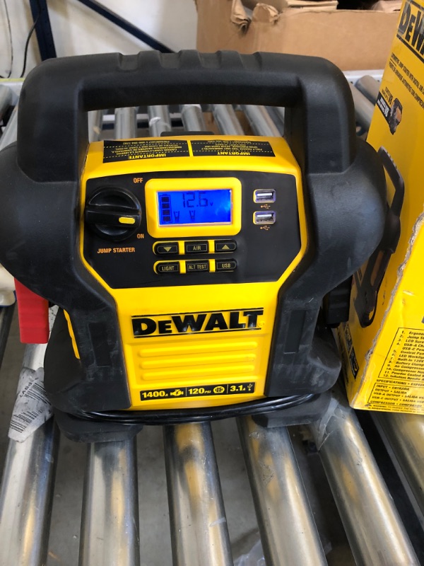 Photo 2 of DEWALT DXAEJ14-Type2 Digital Portable Power Station Jump Starter - 1600 Peak Amps with 120 PSI Compressor, AC Charging Cube, 15W USB-A and 25W USB-C Power for Electronic Devices 1600 Amps