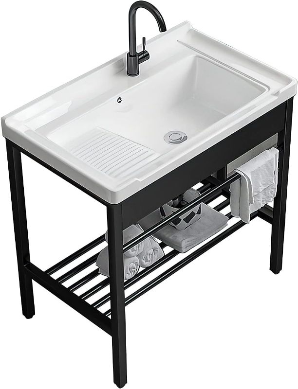 Photo 1 of Freestanding Sink, 28.3" × 19" × 32.3" Ceramic Utility Sink with Washboard Set with Bracket and Drain Kit for Laundry Room, Garage, Basement, Outdoor and Indoor