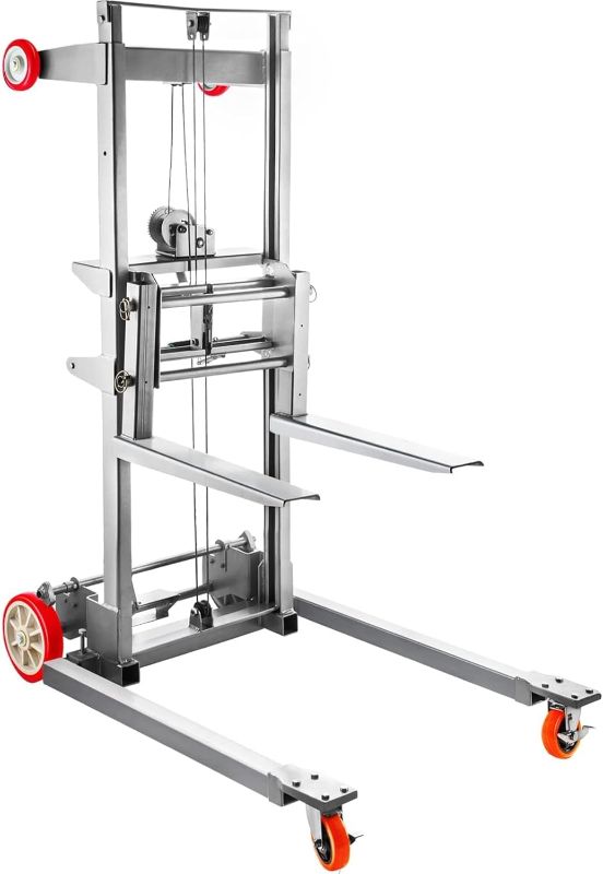 Photo 1 of Missing small hardware---- VEVOR 41.7" L x 25.8" W x 72.4" H Manual Winch Stacker, with 2.4" - 63" Height Range and 551 lbs Capacity, Adjustable Straddle Hand Winch Lift Truck, Material Lifts for Warehouse and Factory